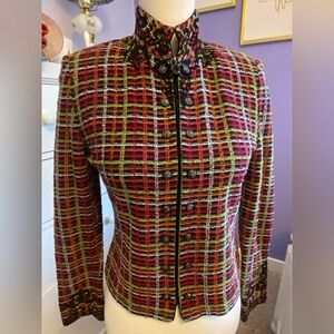 ST.JOHN Women's Green/Red/Black Boucle Metallic Jacket Embroidery Zip Sz 2